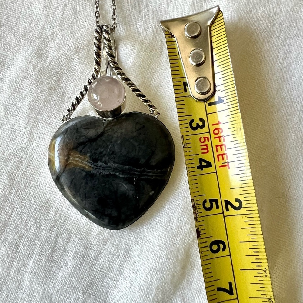 925 Love + Protection Rose Quartz + Banded Onyx Heart ❤️ Necklace Pendant - Picture 3 of 7